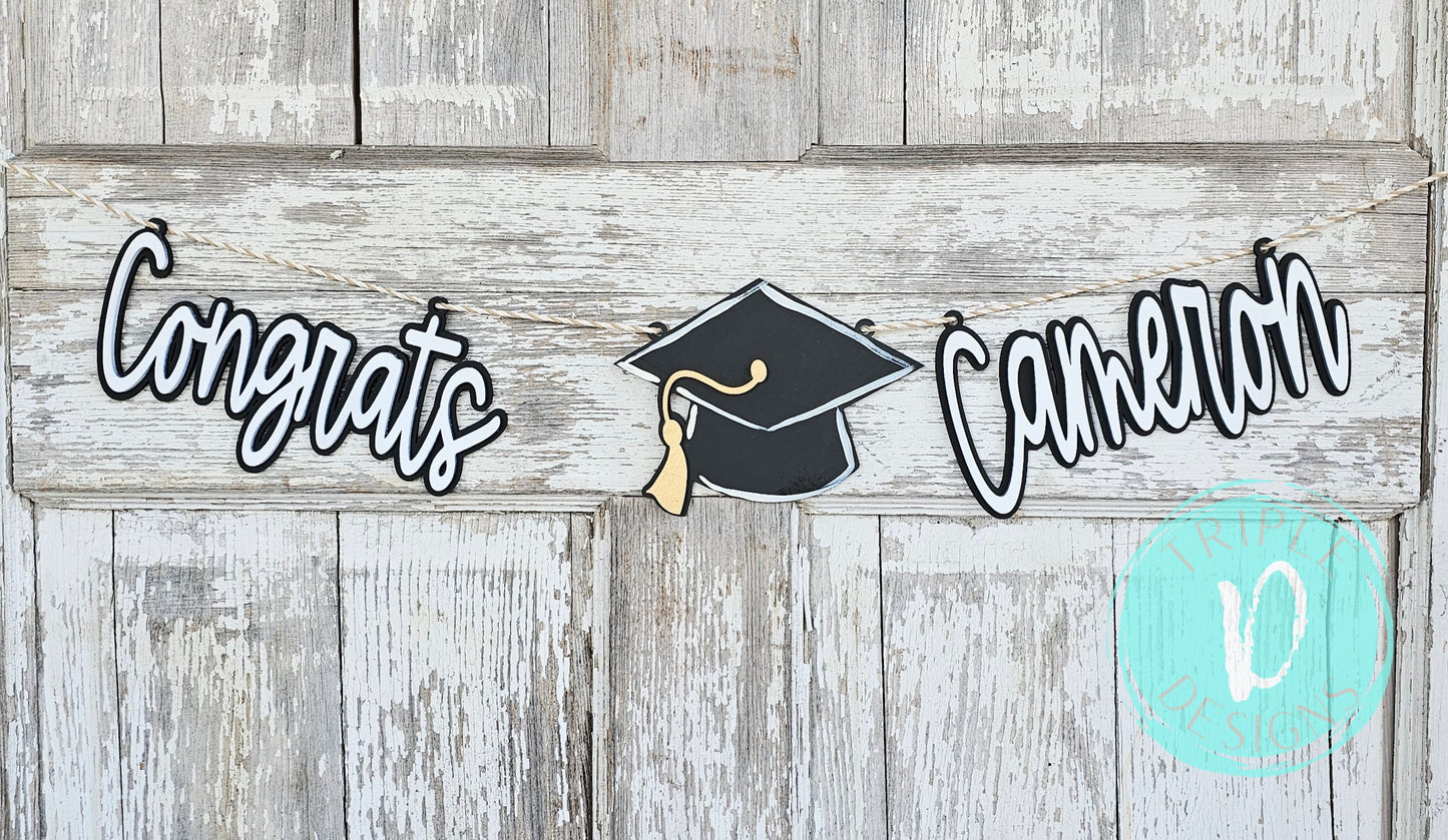 Personalized Congrats with Cap / Garland / 2025 / Graduation Decor / Cake Topper / Vase Decor / Grad / Party